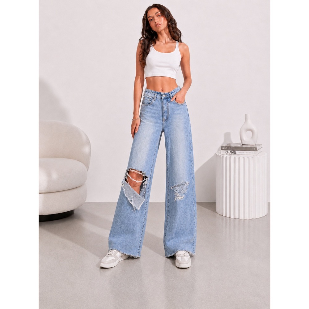 Vibrant MIU Womens Distressed Wide Leg Jeans Light High Rise Ripped Size 3 25